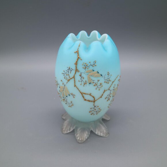 Antique Victorian Stevens & Williams Webb Blue Cased Painted Satin Glass Vase - Picture 5 of 9